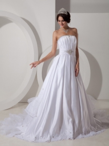 Lovely A-line Strapless Wedding Dress Taffeta Beading and Ruch Brush Train