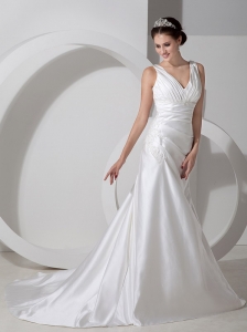 Sweet Column V-neck Low Cost Wedding Dress Satin Ruch and Appliques Court Train
