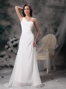 White A-line One Shoulder Wedding Dress Chiffon and Taffeta Beading and Ruch Brush Train