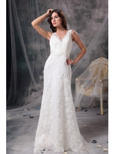 White Column V-neck Lace Wedding Dress Belt Brush Train