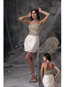 Best Champagne Column Evening Dress Strapless Satin Beading and Ruch Mini-length