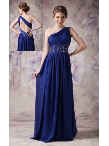 Fashionable Navy Blue Evening Dress Empire One Shoulder Chiffon Beading Brush Train