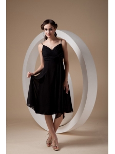 Lovely Black Empire Cocktail Dress Spaghetti Straps Chiffon Ruch and Bow Knee-length