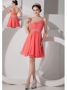 Lovely Orange Red Empire One Shoulder Homecoming Dress Chiffon Beading and Ruch Mini-length