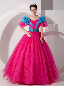 Beautiful Hot Pink Off The Shoulder Quinceanera Dress Hand Made Flowers