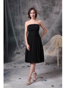 Customize Column Strapless Little Black Dress Chiffon Ruch Tea-length