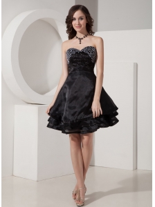 Cute Black Little Black Dress A-Line / Princess Sweetheart Organza Beading Mini-length