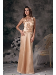 Elegant Champagne Column Bridesmaid Dress Halter Satin Ruch Floor-length