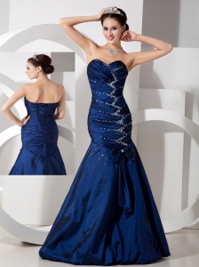 Exquisite Navy Blue Mermaid Evening Dress Sweetheart  Taffeta Beading and Ruch Floor-length