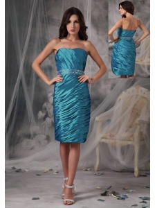 Latest Turquoise Column / Sheath Evening Dress Strapless Taffeta Ruffles Knee-length