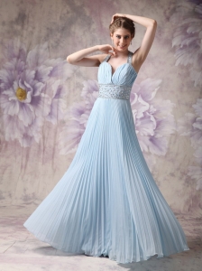 Lovely Baby Blue A-line Halter Prom Dress Chiffon Beading Floor-length