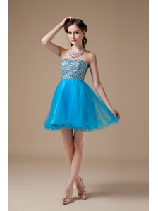 Low price Teal A-line Cocktail Dress Strapless Organza Beading Mini-length