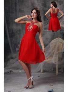 Modern Red Empire V-neck Cocktail Dress Chiffon Beading Knee-length
