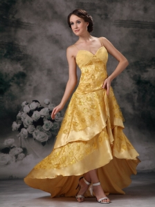 Modest Yellow A-line Straps Homecoming Dress Taffeta Lace Brush Train