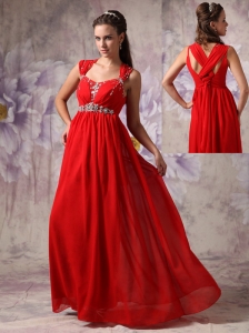 Perfect Red Empire / Princess Evening Dress Straps  Chiffon Beading Floor-length