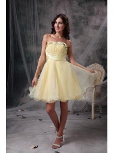 Remarkable Light Yellow Cocktail Dress A-line Strapless Beading and Ruch Orangza Knee-length