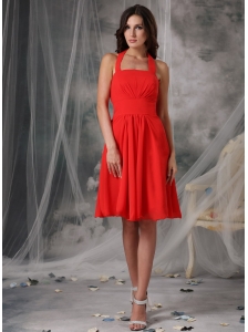 Simple Red Empire Halter Homecoming Dress Chiffon Ruched Knee-length