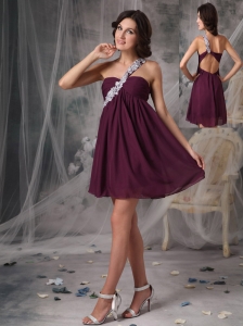 Sweet Dark Purple Short Prom Dress Empire One Shoulder Chiffon Appliques Mini-length