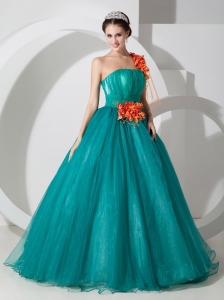 Custom Made Teal A-line One Shoulder Quinceanera Dress Organza Hand Made Flowers