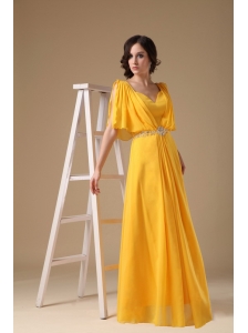 Custom Made Yellow Empire Evening Dress V-neck Chiffon Beading Floor-length