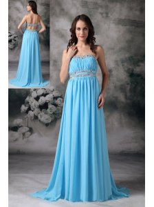 Customize Baby Blue Empire Strapless Prom / Evening Dress Chiffon Beading Brush Train