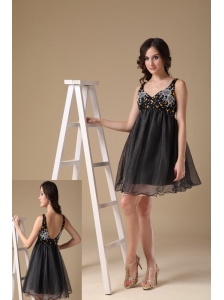 Cute Black A-line Straps Organza Beading Evening Dress Mini-length