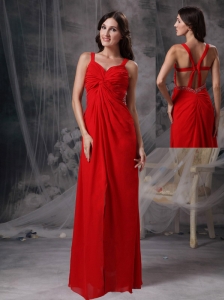 Discount Red Empire Straps Prom / Celebrity Dress Chiffon Beading and Ruch