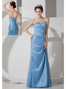 Elegant Baby Blue Column Sweetheart Prom Dress Taffeta Beading and Ruch