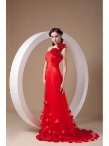 Gorgeous Red One Shoulder Prom / Evening Dress Taffeta Hand Made Flowers Brush Train