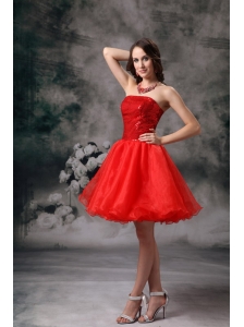 Low Price Red A-line Strapless Cocktail Dress Organza Mini-length