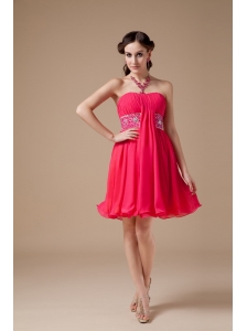 Luxurious Red Empire Strapless Short Prom   Dress Chiffon Beading Mini-length