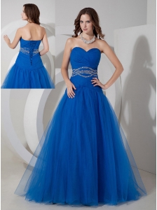 New Blue A-line Sweetheart Prom / Evening Dress Tulle Beading and Ruch Floor-length