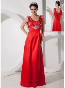 Romantic Red Empire V-neck Prom Dress Satin Beading Floor-length