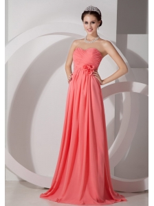 The Brand New Style Watermelon Empire Sweetheart Prom Dress Chiffon Ruch and Hand Made Flowers Brush Train