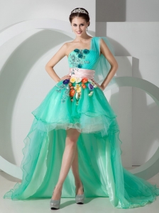 The Super Hot Apple Green Princess Cocktail Dress One Shoulder High-low Organza Beading and Appliques