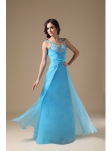 Aqua Blue Column Straps Prom Dress Organza Beading and Ruch