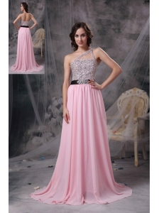 Baby Pink Empire One Shoulder Prom Dress Chiffon Beading Brush Train