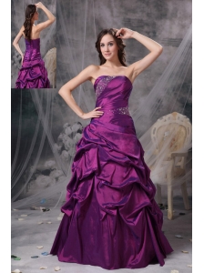 Classical Purple A-line Strapless Prom Dress Taffeta Beading
