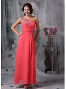 Coral Red Empire One Shoulder Prom / Evening Dress Chiffon Beading