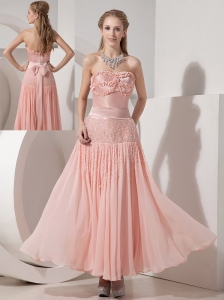 Customize Light Pink Evening Dress Column Strapless Chiffon and Taffeta Beading Ankle-length
