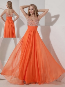 Customize Orange Empire Straps Prom Dress Chiffon Beading Floor-length