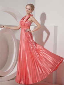 Customize Watermelon Red Evening Dress Column Halter Elastic Woven Satin Beading Floor-length