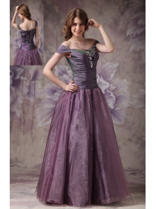 Elegant Dark Purple A-line Off The Shoulder Prom Dress Taffeta and Organza Beading Floor-length