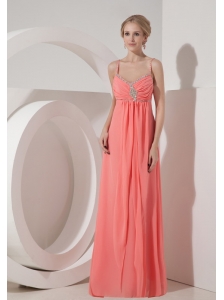 Elegant Watermelon Red Chiffon Straps Prom Dress Beading Floor-length
