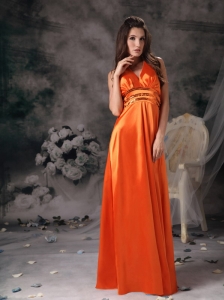 Gorgeous Orange Red Evening Dress Empire Halter Taffeta Beading Floor-length