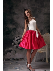 Modest White and Hot Pink Junior Prom Dress Mini-length Taffeta