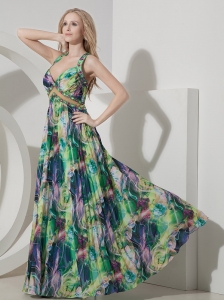 Perfect Colorful Evening Dress Empire Straps Printing Beading Floor-length