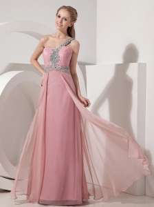 Pink Column One Shoulder Prom Dress Chiffon Beading Floor-length