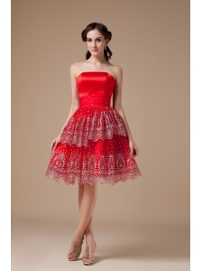 Sexy Red A-line Strapless Prom Dress Taffeta Beading Knee-length