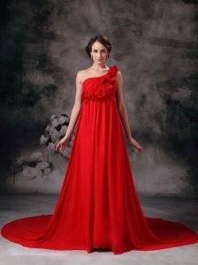 Sweet Red Empire One Shoulder Court Train Chiffon Prom / Evening Dress